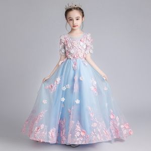 2021 3D bloem meisjes jurken voor bruiloften prinses juweel lange mouwen kant applicaties grote boog sweep trein kleine kinderen heilige pageant jurk