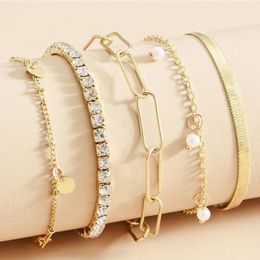 2021 5 stks / set vrouwen gouden armbanden set retro geometrische ronde kristal parel kwast ketting armband dame bruiloft mode-sieraden