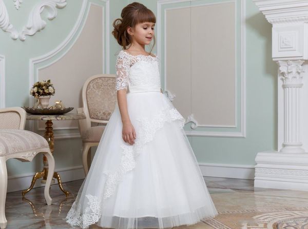 2021 A-Line vestidos de flores para niña encaje blanco marfil Vestido de primera comunión niñas pequeñas media manga niños para boda