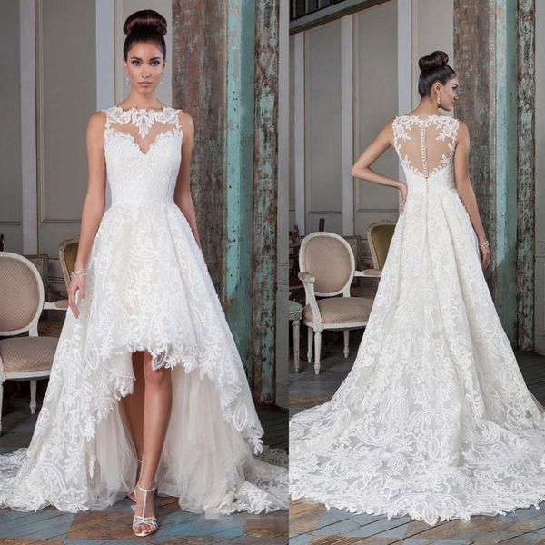 2021 Une ligne Illusion Corsage Robes de mariée Hi-Lo Robes de mariée Plus Taille sans manches en dentelle Appliques Coverd Bouton Vestios De Novia