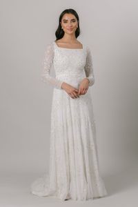 Robe de mariée trapèze en dentelle, manches longues, encolure carrée, paillettes scintillantes, robes de mariée LDS, Couture, 2021
