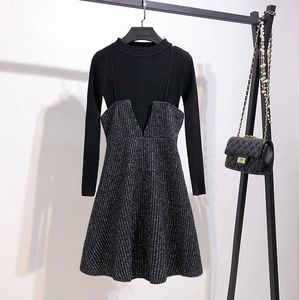 Ensemble deux pièces noir à manches longues, pull à col roulé décontracté + écharpe, Mini robe trapèze Slim, collection automne-hiver 2021