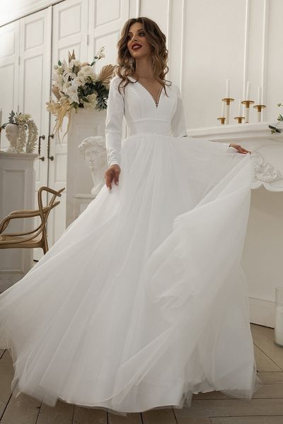 2021 A-ligne robes de mariée modestes robes de mariée manches longues Stretch crêpe Tulle Simple élégant informel robe de mariée robe