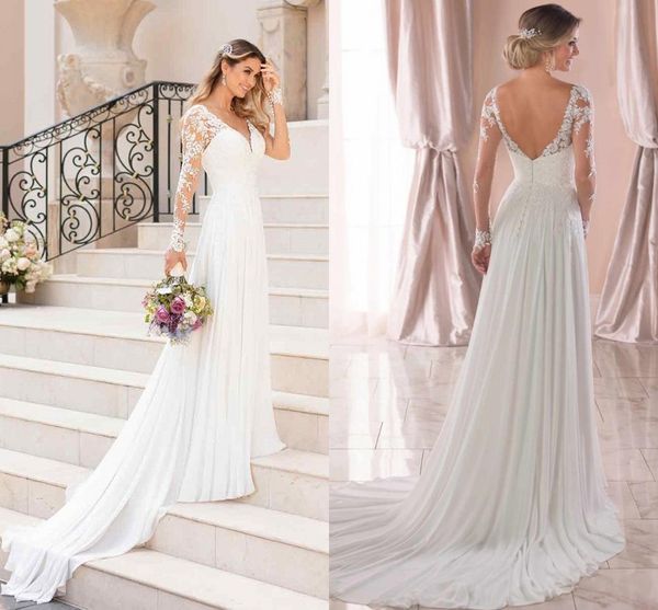 Élégante mousseline de soie fluide une ligne robes de mariée col en V avec manches longues Boho jardin plage robes de mariée balayage train dentelle appliquée mariée femmes Robes de Mariee AL8607