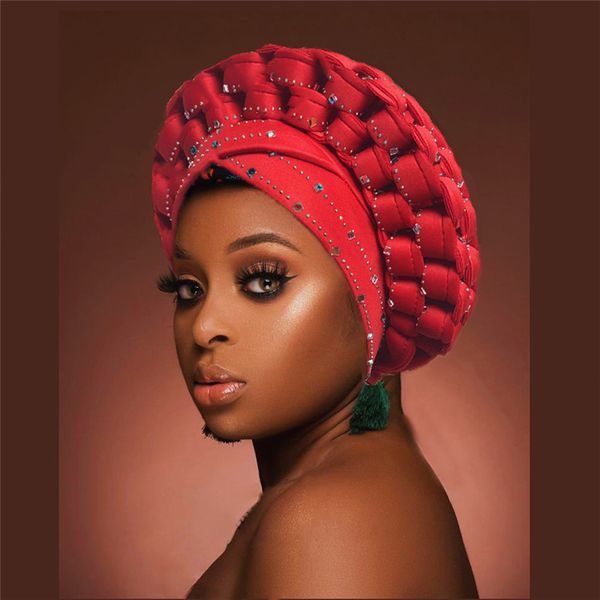 2021 africain Aso Oke Headtie diamants femmes Turban casquette musulman foulard Bonnet prêt à porter Hijab Turban nigérian mariage Gele