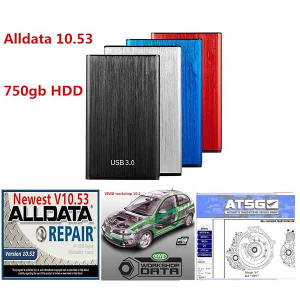 2021 Alldata versión más reciente 10 53 y atsg datos de reparación de automóviles vívidos en disco duro hdd de 750GB 254W