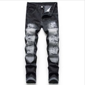 2021 Style américain Biker Jeans Hommes 2021 Casual Lavé Coton Épissage Trous Jeans Hommes Pantalones Hombre Noir Denim Pantalon X0621