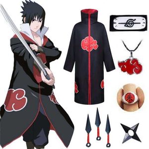 2021 Anime Akatsuki Halloween Cosplay Kostuums Hoofdband Ring Kunai Cloak Cape Itachi Robe voor Kinderen Aldult Dames Mannen Jongens Meisjes Y0903