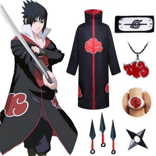 2021 Anime Akatsuki Halloween Cosplay Disfraces Diadema Anillo Kunai Cloak Cape Itachi Robe para niños Aldult Mujeres Hombres Niños Niñas Y0903