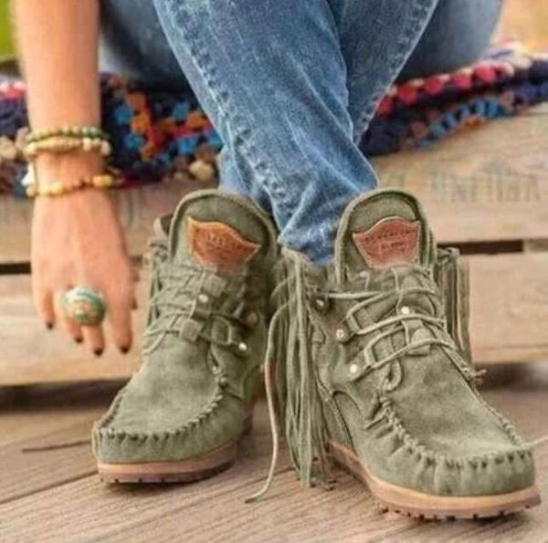 Botines 2021, zapatos de mujer, botines de punta redonda para mujer, parte inferior plana romana con cordones, botas de invierno con flecos para mujer