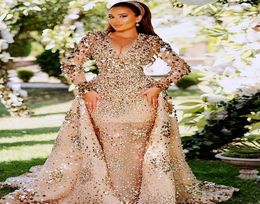 2021 Arabe Aso Ebi Gold Sparkly Luxueux Robes De Bal Cristaux De Perles Sheer Cou Soirée Formelle Partie Deuxième Réception Robes Dre9285823