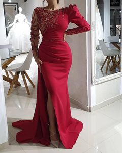 2021 Arabe Aso Ebi Rouge Luxueux Sirène Robes De Soirée Cristaux Perlés Robes De Bal Manches Longues Partie Formelle Deuxième Réception Robes