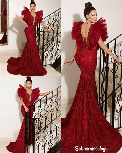 2021 arabe bordeaux sirène robes de bal de luxe perles paillettes dentelle appliqué volants femmes grande taille robes de soirée formelles