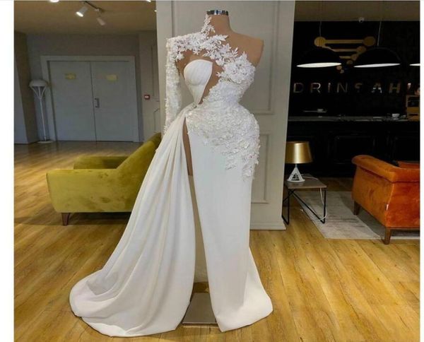 2021 árabe dubai exquisito encaje blanco vestidos de fiesta blancos cuello alto un hombro manga larga vestidos de noche divididos 3969086
