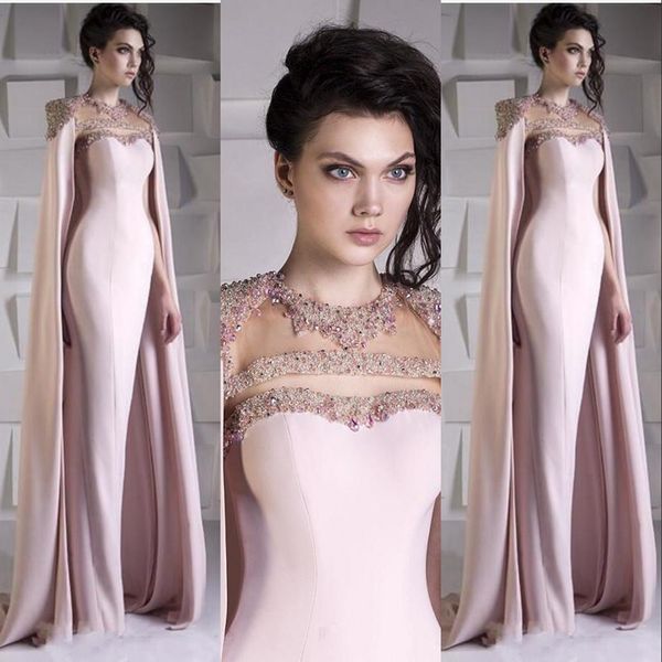 2021 Arabe Dubaï Sirène Bébé Rose Robes De Bal Pour Femmes Jewel Cou Cristal Perlé Avec Cape Wraps Longueur De Plancher Robe De Soirée Robes De Fête