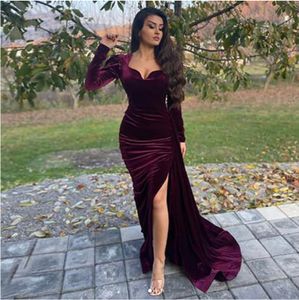 2021 Arabische Avondjurk Sweetart Lange Mouw Sexy Mermaid Prom Gown Plus Size Velvet Moeder van de Bruid Feestjurk