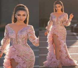 2021 arabe rose luxueux sexy robes de soirée paillettes avant fendu robe de bal colonne formelle robes de soirée 9376844