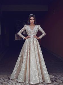 2021 Arabische prom jurken v-hals kant geappliceerd sweep trein lange mouw avondjurk Een lijn op maat gemaakte speciale gelegenheden