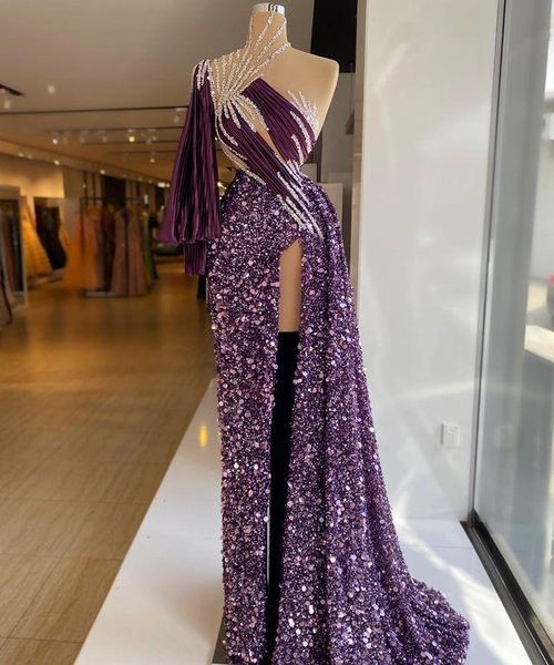 Vestidos de graduación con abertura morada árabe, vestidos de lujo con cuentas y lentejuelas, cuello alto, manga larga, vestidos de noche formales de talla grande para mujer 2021