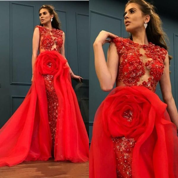 Vestidos de graduación de sirena roja árabe 2021 con tren desmontable, apliques de flores de lujo para mujer, vestidos de noche formales de talla grande