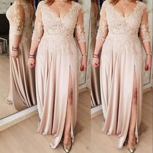 2021 Arabische Sexy Moeder van de Bruid Jurken Hoge Split V-hals Avondjurk Lange Mouwen Kant Applicaties Plus Size Party Prom-jurken