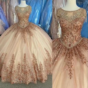 2021 Árabe Sexy Rose Gold Lentejuelas de encaje Quinceanera Vestidos de bola Vestidos Sweetheart Crystal Beads Sweet 16 Vestido de fiesta Noche de fiesta 255I