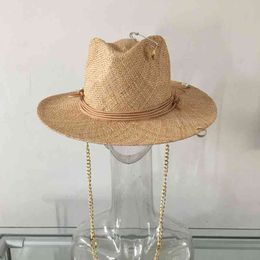 2021 Aankomst Zomer Raffia Sunhat Vrouwen met ketting en Pin Stro Panama Hat Fedora