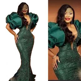 2023 Avondjurken Aso Ebi Donkergroen met puff mouwen kralen lovertjes Lace Mermaid Prom jurken plus size speciale gelegenheid feestjurk voor Afrikaanse vrouwen zwarte meisjes