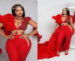 2021 Aso Ebi Combinaison avec Wrap Rouge Robes De Bal Cristaux Pantalon Costume À Volants Partie Deuxième Robes De Réception Plus Taille Robe De Soirée 1463399