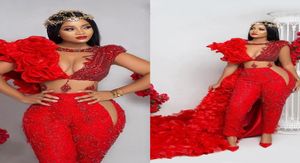 2021 Aso Ebi jumpsuit met omslag rode galajurken kristallen broekpak ruches feest tweede receptie jassen plus size avondjurk2278645