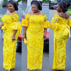 2021 Aso Ebi -stijl Prom jurk lange gele kant avondjurken Afrikaanse halve mouw Vestidos de Fiesta Nigeriaanse vrouwen jurk 219e