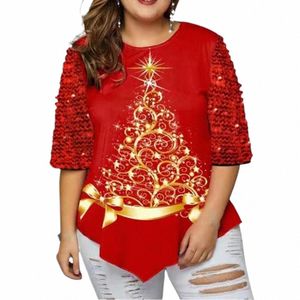 2021 Automne Blouse Femmes Plus Taille Col rond Arbre de Noël imprimé Sequin Décor Tunique fluide Femmes Chemise Top Blouses Party T5q0 #