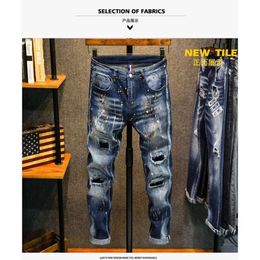 Jean taille moyenne pour homme, pantalon élastique, coupe Slim, avec trous cassés, coloré, peint à la main, tendance, automne 2021