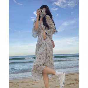 2021 Herfst Elegant Floral Sundresses Dames Lange Mouw Vintage Party Midi Jurk Dames Chiffon Beach One Piece Jurk Korea Chic Y1204