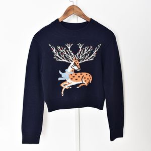 2021 herfst herfst lange mouw ronde hals blauwe herten wollen gebreide kralen pullover stijl gebreide tees vrouwen mode breien tops G1211010