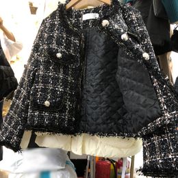 Diseño de moda de otoño o-cuello de manga larga para mujer OL elegante tweed lana lurex parcheado borla engrosamiento chaqueta acolchada de algodón abrigo casacos SML