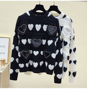Herfst Mode ontwerp vrouwen o-hals lange mouw liefde hart patroon kleurblok gebreide pullover trui tops truien