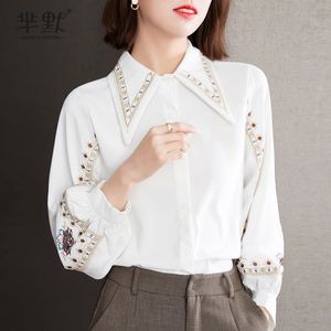 Herfst Fashion design vrouwen turn down kraag witte kleur borduren bloemen lantaarn chiffon blouse shirt met lange mouwen plus size tops SMLXLXXL