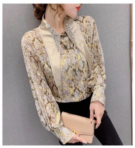 Herfst Fashion design vrouwen turn down kraag strass gepatched snake skin print lantaarn lange mouw chiffon blouse shirt plus size SMLXL