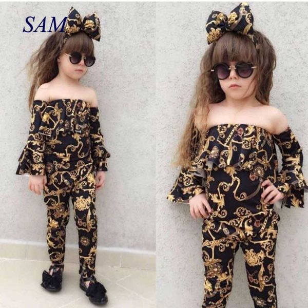 2021 Otoño Ins Girls Word Collar Mangas acampanadas Top + Pantalones impresos + Diadema Arco 3 PCS Traje Conjuntos de ropa de moda para niños X0902