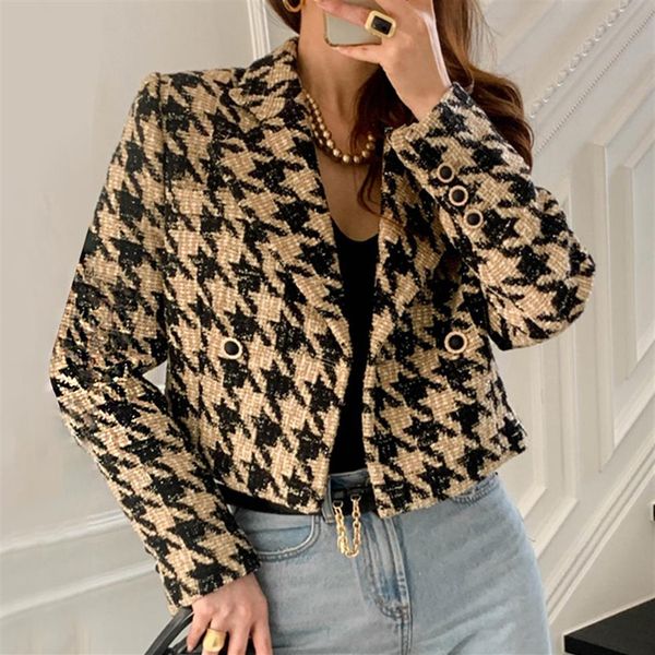 2021 automne nouveau design femmes double boutonnage col rabattu pied-de-poule motif de grille tweed laine manteau court veste casac262I