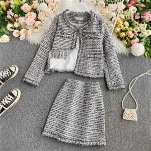 Automne nouveau design femmes col rond à manches longues tweed laine perles manteau et jupe a-ligne 2 pièces robe twinset costume ML