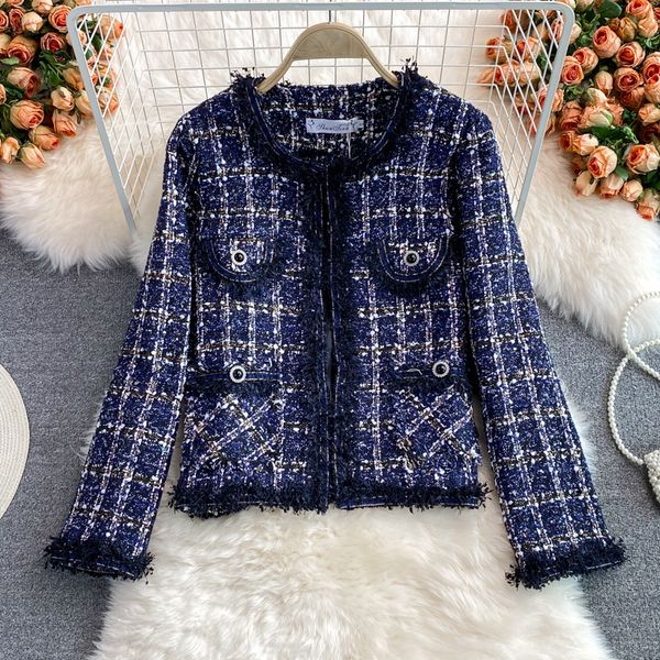 Otoño nuevo diseño de mujer cuello redondo manga larga patrón a cuadros tweed lana lurex chaqueta abrigo casacos ML