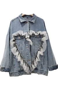 Automne nouveau design femmes col rabattu denim jeans gaze dentelle amour coeur patchwork mignon décontracté lâche veste manteau casacos ML