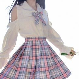 2021 Automne Nouvelle lanterne manches japonaise douce fille dentelle lolita avec col de poupée chemise blanche à manches longues femme hauts à épaules dénudées Z8Qq #