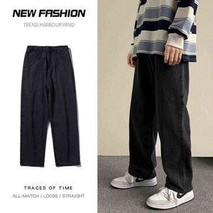 2021 automne nouveau Streetwear Baggy jean hommes mode coréenne ample droite large jambe pantalon mâle marque vêtements noir bleu clair G0104