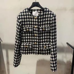 Automne nouveau femmes o-cou à manches longues tweed laine bloc de couleur pied-de-poule plaid grille mode manteau casacos veste SMLXL