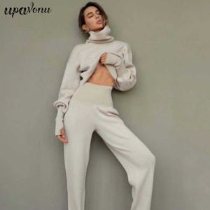 2021 Automne Nouveau Pull tricoté à col roulé pour femmes Ensemble élégant Pull à manches longues Pantalon élastique 2 pièces Costume décontracté pour femmes Y0625