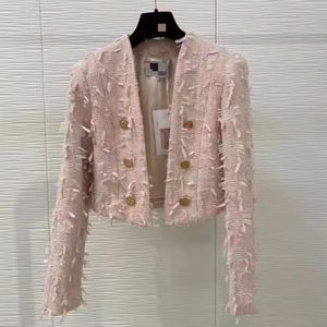 Herfst Nieuwe vrouwen v-hals lange mouw roze kleur tweed wollen kwastje patchwork hoge taille korte jas casacos plus size jas SML