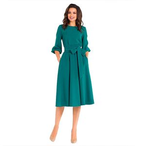 2022 Autumn Vintage Soild Lantern Sleeve A-lijn Jurk Women Elegant O-Neck Half Sleeve Pocket Sashes Knie Length Casual Dress